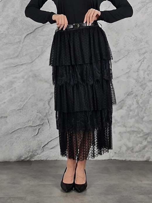 Юбка фатиновая в горошек с ремнем черная