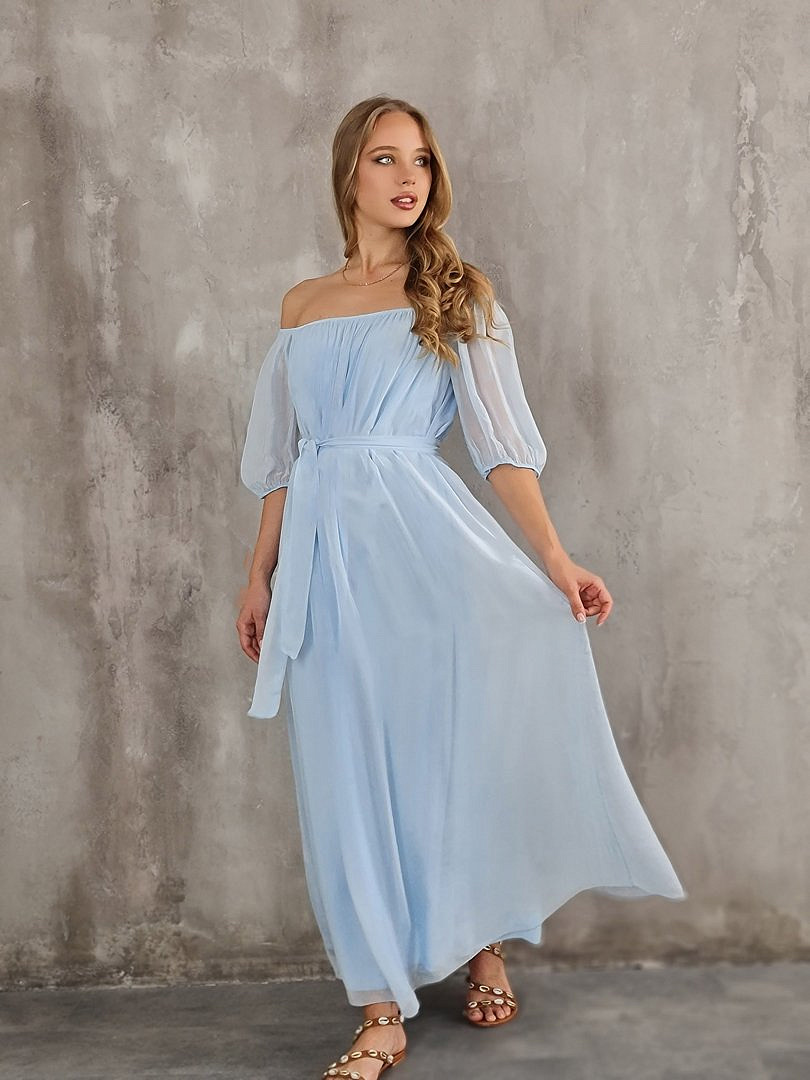 Платье King Kong макси шёлковое с поясом голубое, фотография №1