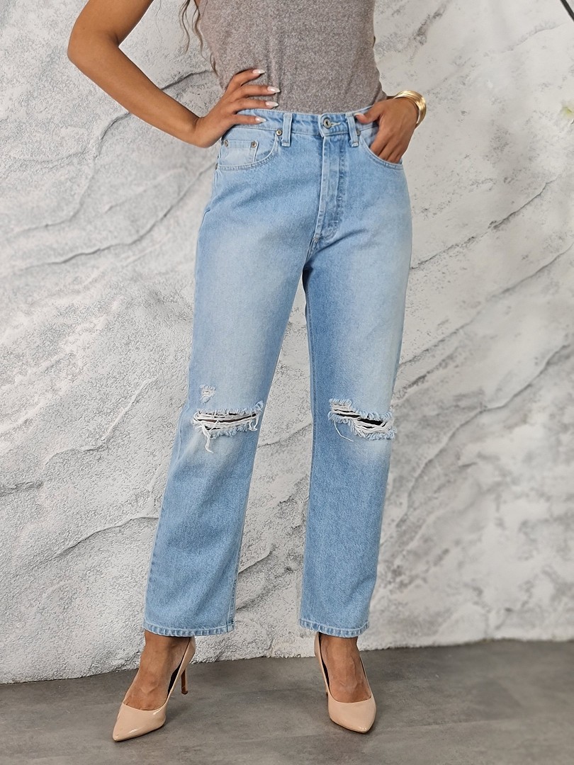 Джинсы Please прямые с разрезами на коленях светло-голубые (P1T7CJGNUA), фотография №1