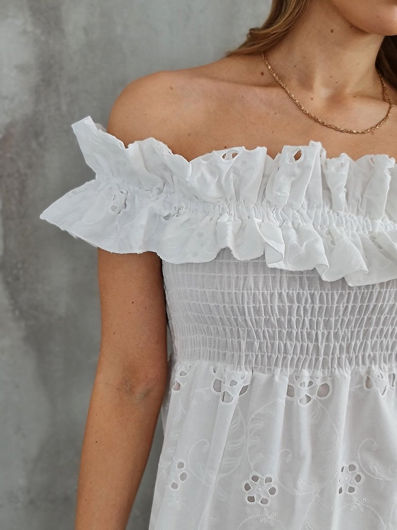 Платье MIHO'S мини ажурное с оборками белое , фотография №5