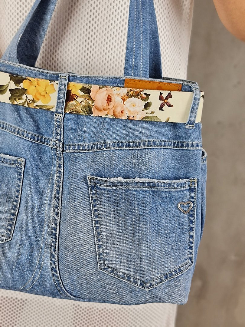 Сумка Please джинсовая с принтом "Цветы" и ремешком голубая, фотография №5