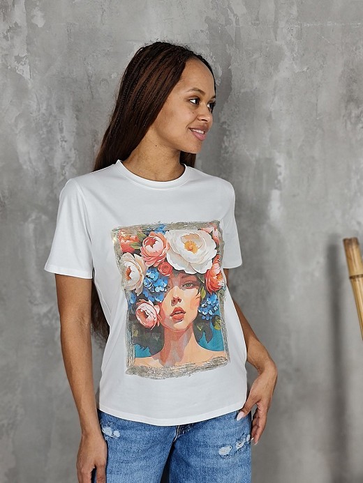 Футболка Y Two с принтом девушка с цветами на голове белая 