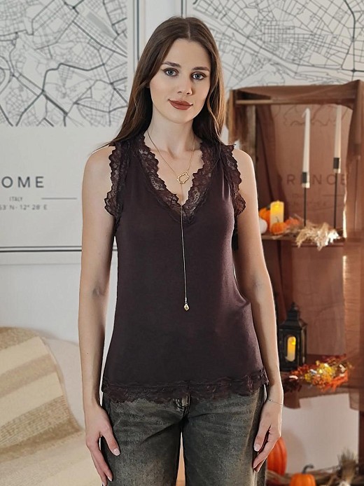 Топ Cashmere Blend с кружевом на груди и кашемиром шоколад 