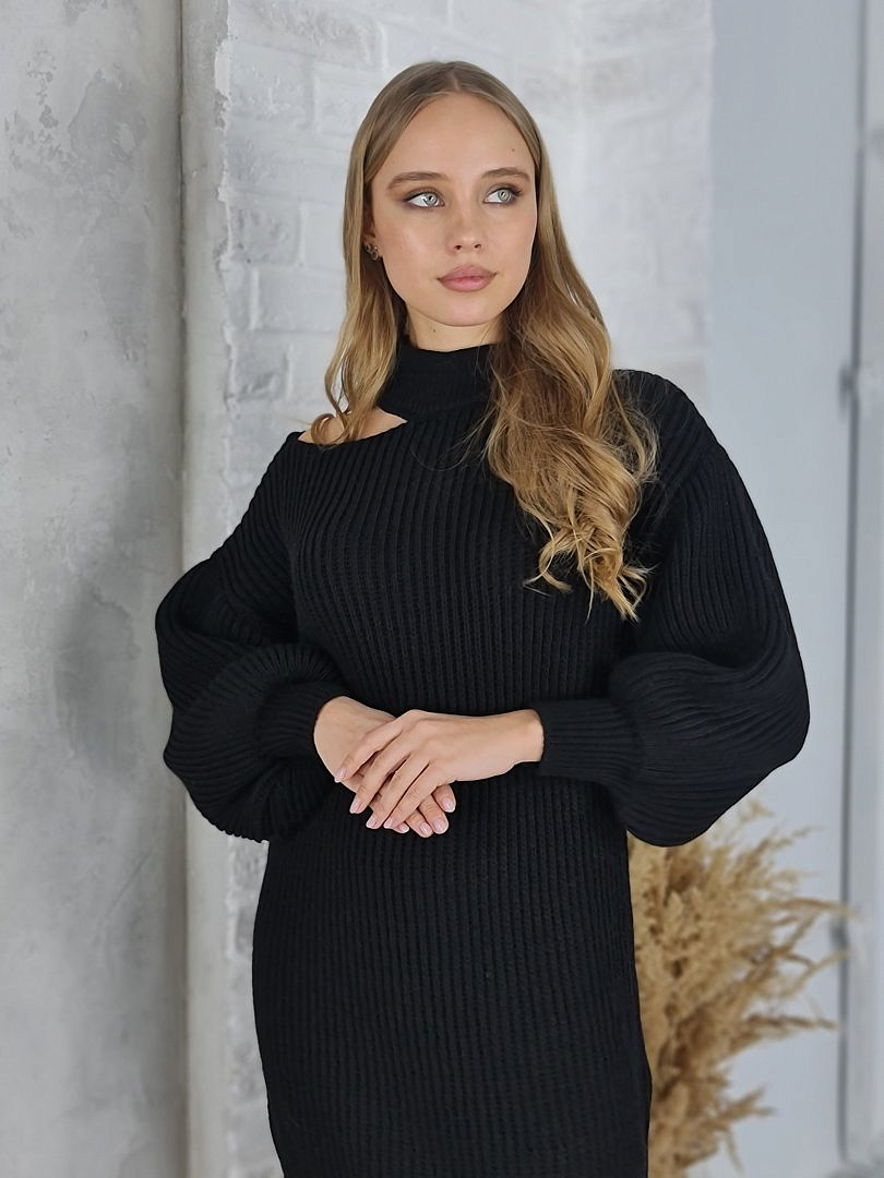 Платье J-Clair вязаное с вырезом на плече чёрное , фотография №1