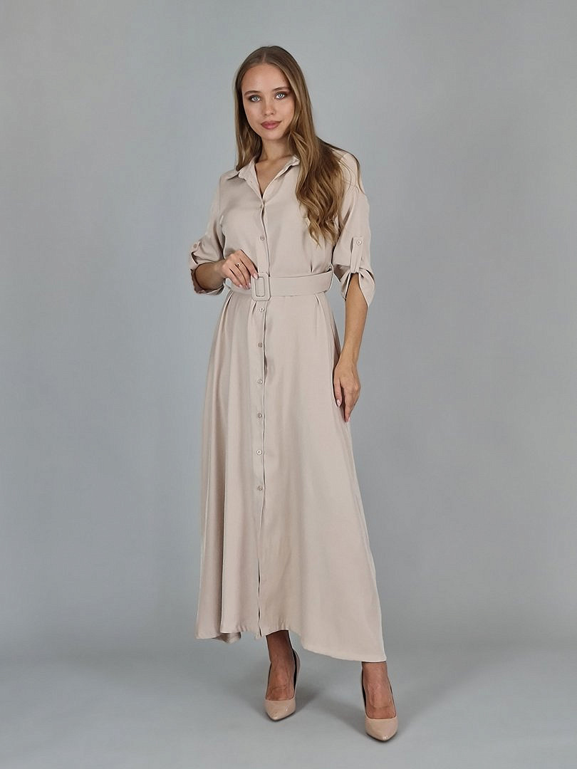 Платье Joleen длинное с поясом и рукавом на пуговице бежевое, фотография №2