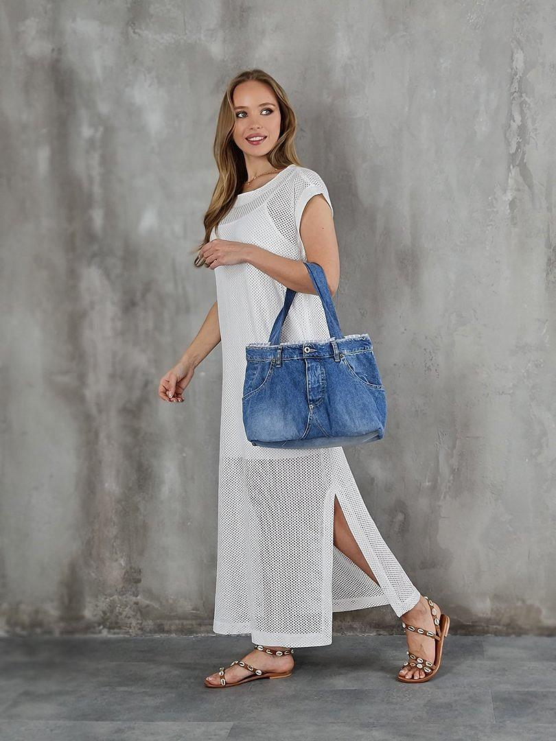 Сумка Please джинсовая с полосатой подкладкой синяя, фотография №1