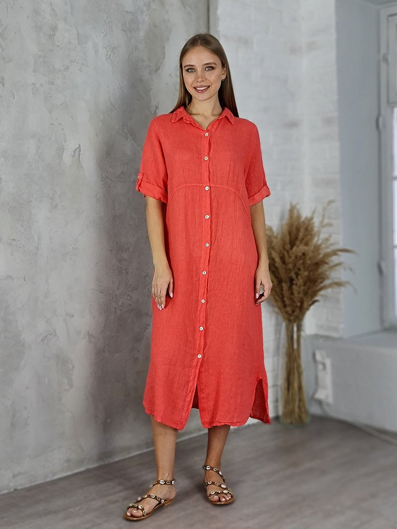Платье-рубашка Pure Linen льняное коралловое, фотография №1
