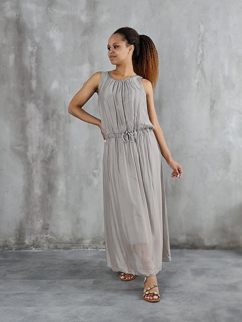 Платье Pure Seta без рукавов с завязками на поясе бежевое, фотография №1