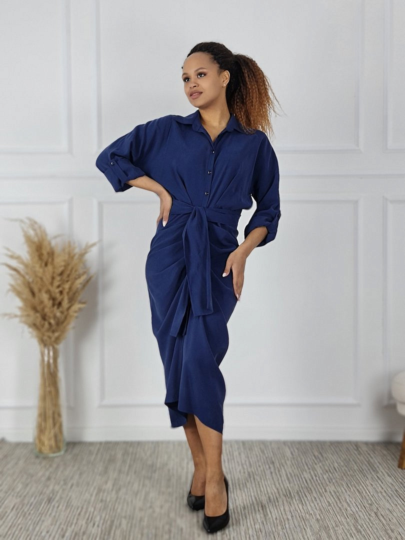 Платье CLOTHÉ на пуговицах с драпировками тёмно-синее, фотография №1