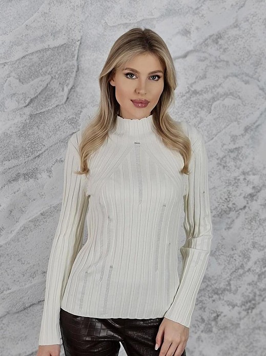 Водолазка Lara в рубчик с потертостями молочная