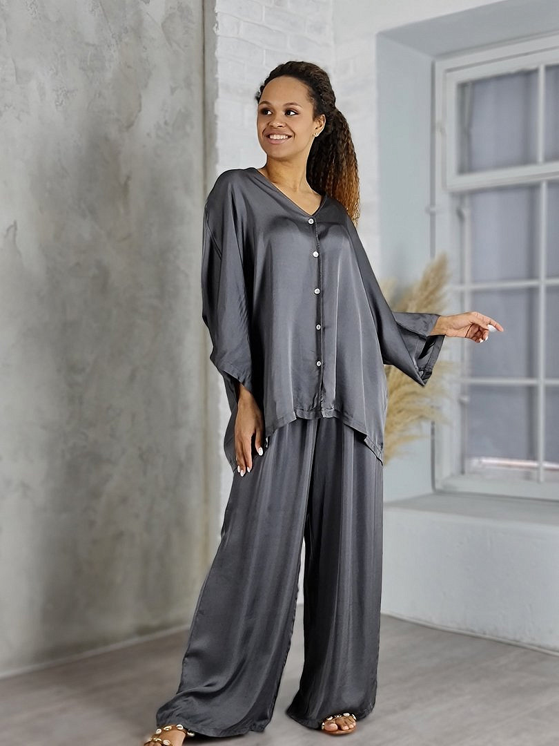 Костюм Zelante атласный рубашка и брюки серый, фотография №6