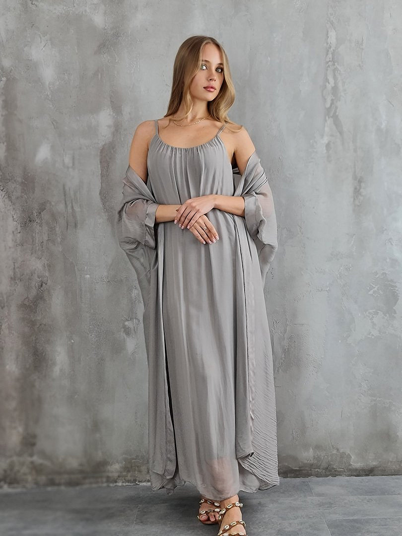 Комплект Segreto шёлковый платье и накидка хаки (серый), фотография №5