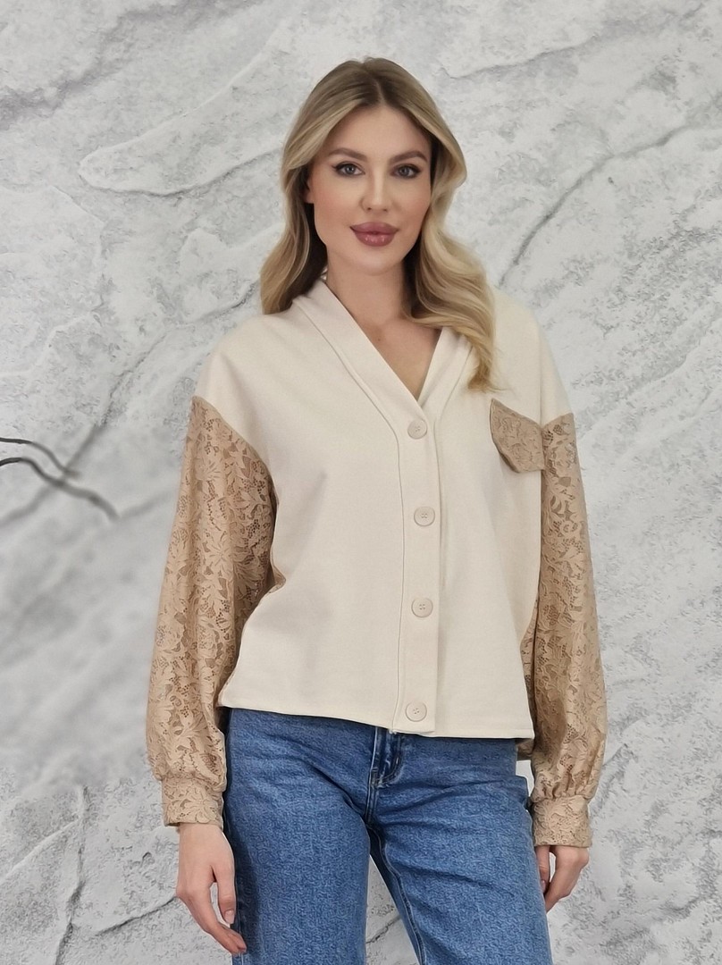 Кардиган MIHO'S бежевое кружево на рукавах кремовый, фотография №1