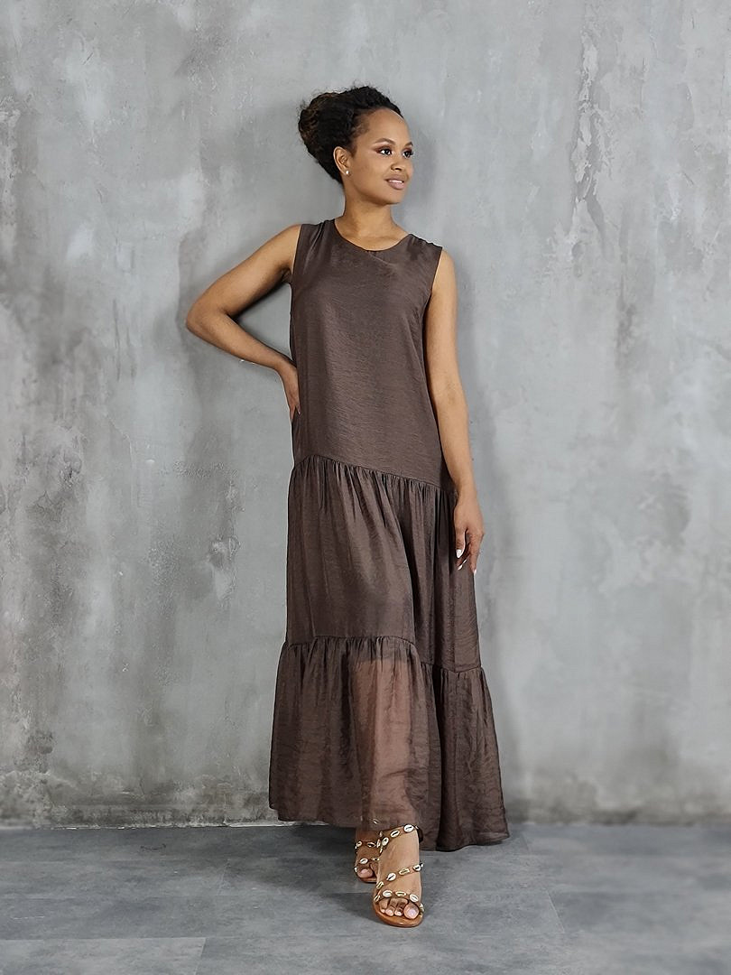 Платье CLOTHÉ макси из полупрозрачной ткани шоколад, фотография №2