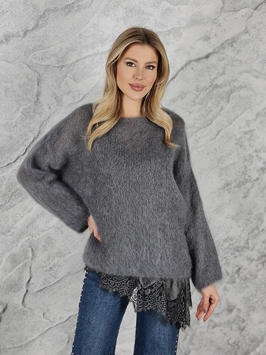 Джемпер кид мохер вырез лодочка длинный рукав серый