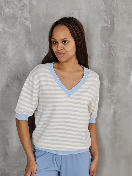 Джемпер LIVAN'S с коротким рукавом и голубыми манжетами в полоску бежевый 