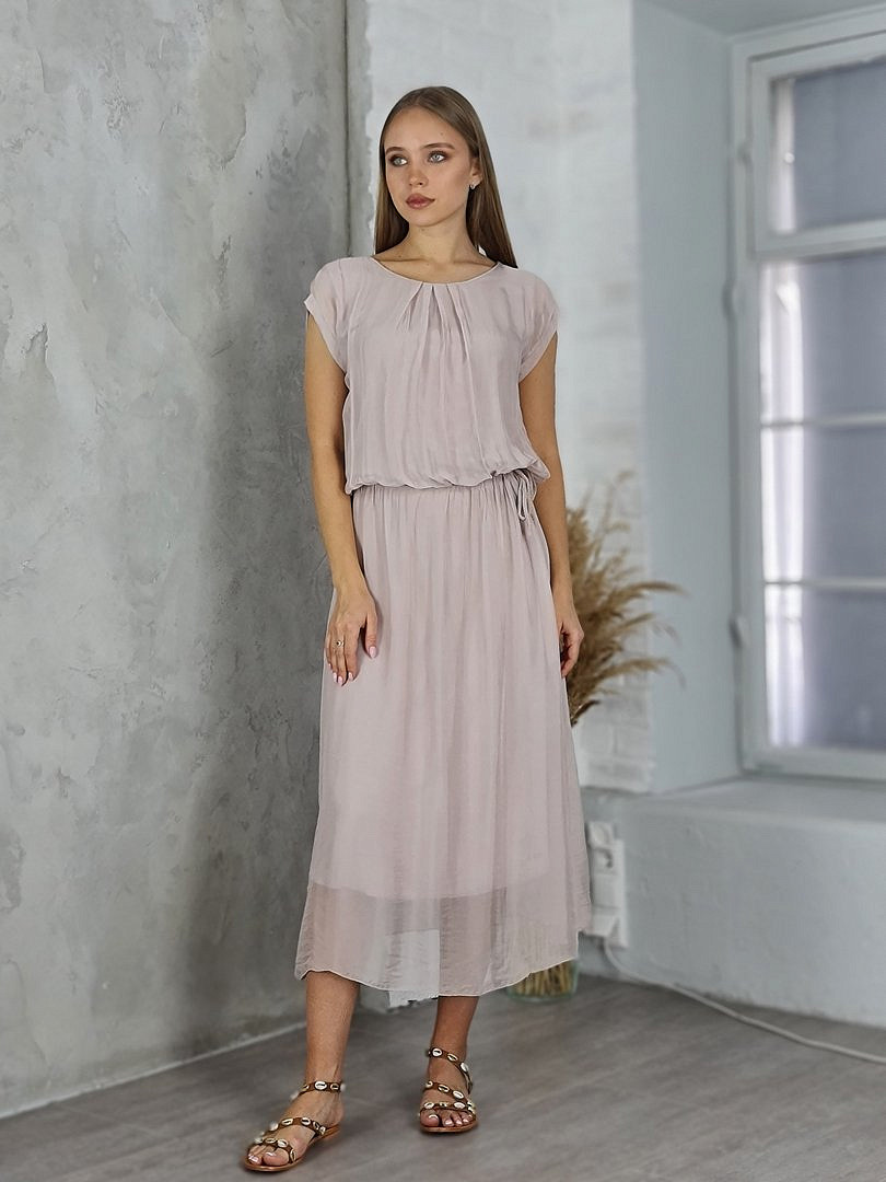 Платье Pura Seta шёлковое с резинкой на поясе пудровое, фотография №1