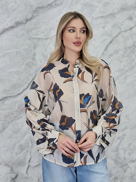Блузка MIHO'S сине-оранжевый принт цветы кремовая