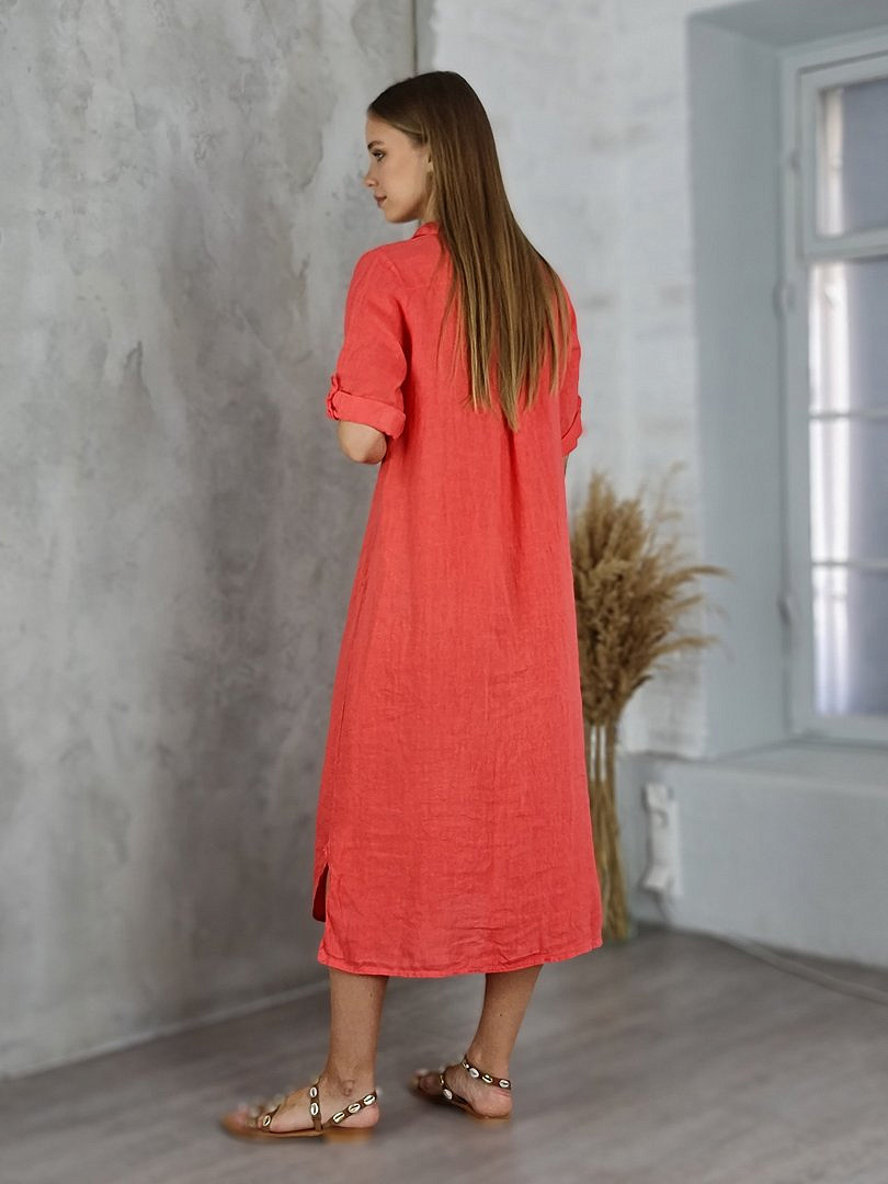 Платье-рубашка Pure Linen льняное коралловое, фотография №2