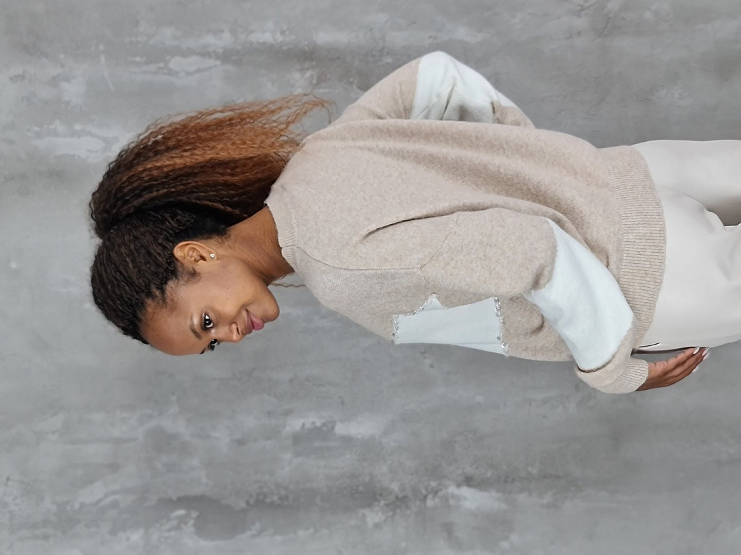  Джемпер J-Clair с белой полосой и паетками бежевый, фотография №4