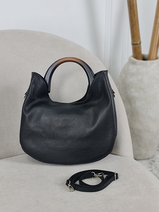 Сумка My Little Italy натуральная кожа с деревянной ручкой черная