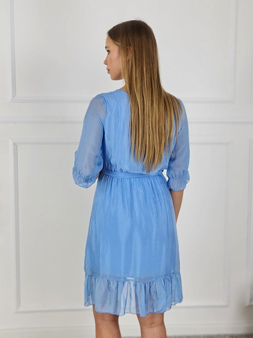 Платье Pura Seta с V-образным вырезом и поясом голубое, фотография №2