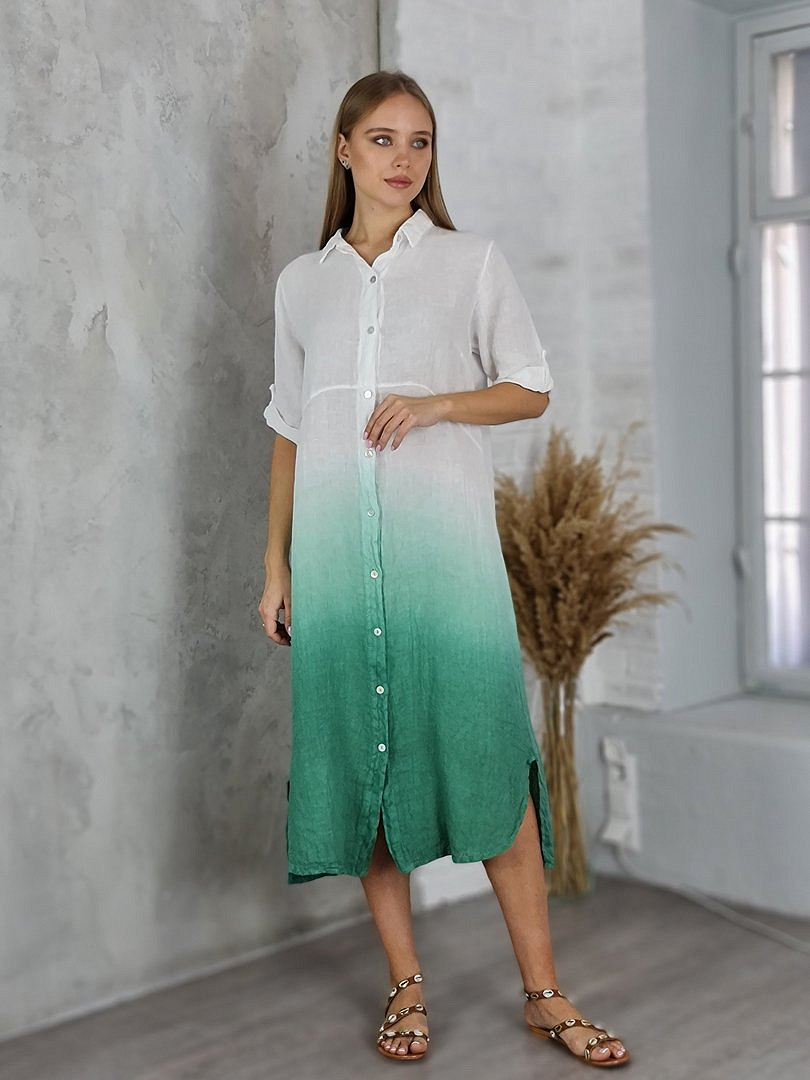 Платье-рубашка Pure Linen льняное двухцветное белое/зелёное, фотография №1