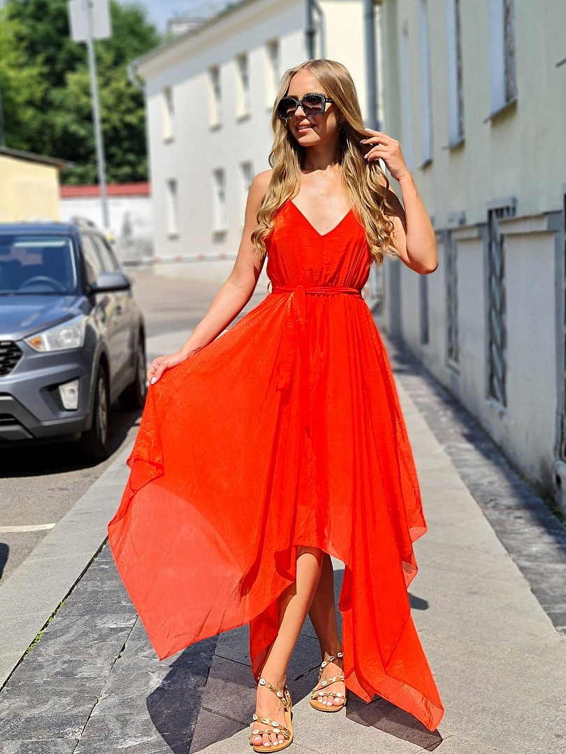 Платье Souvenir на тонких лямках с ассиметричным подолом красное, фотография №1