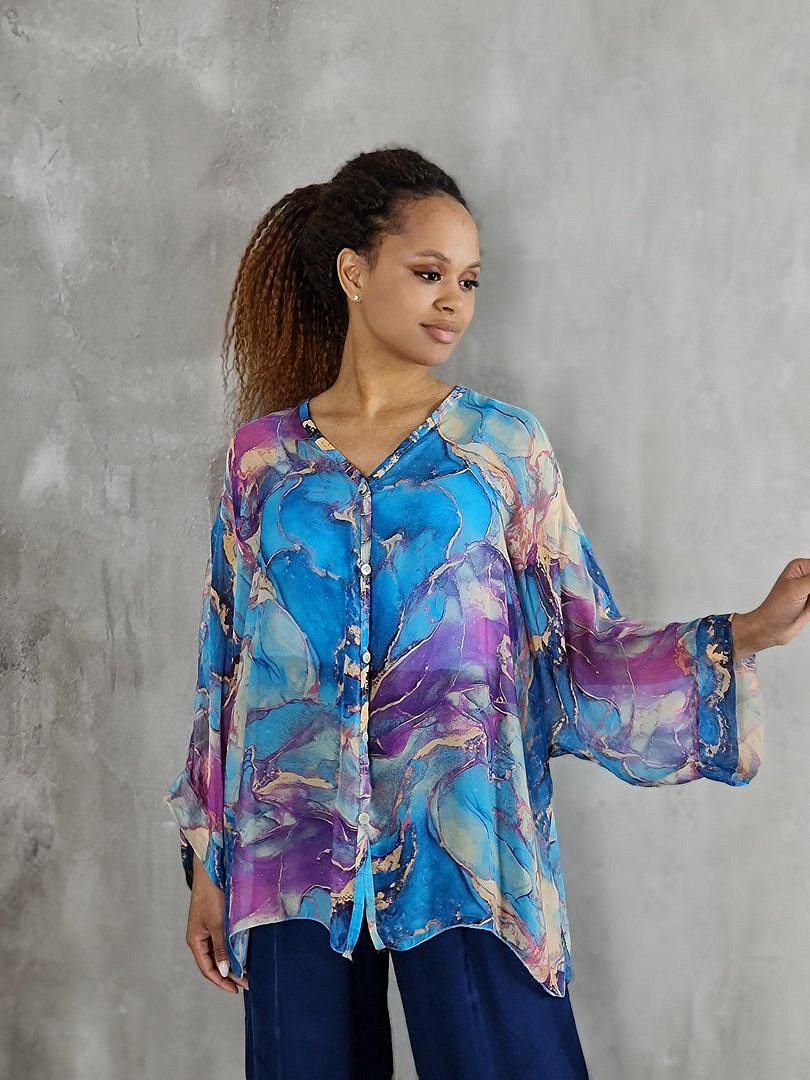 Рубашка Segreto с принтом "Мрамор" голубая, фотография №4