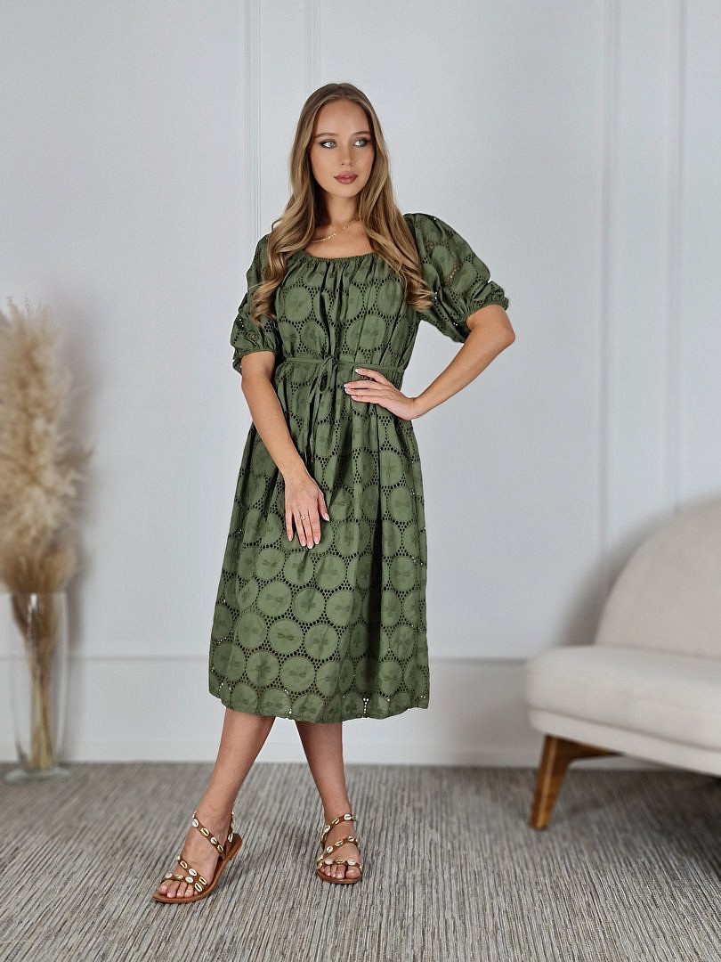 Платье MIHO'S ажурное с поясом хаки, фотография №3