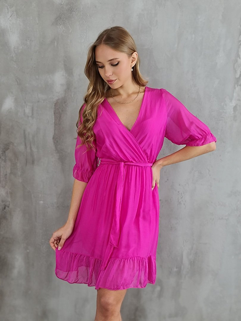 Платье Pura Seta с V-образным вырезом и поясом фуксия, фотография №1