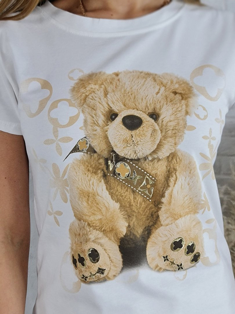 Футболка Glowy с принтом "Мишка и бежевый принт" белая, фотография №3