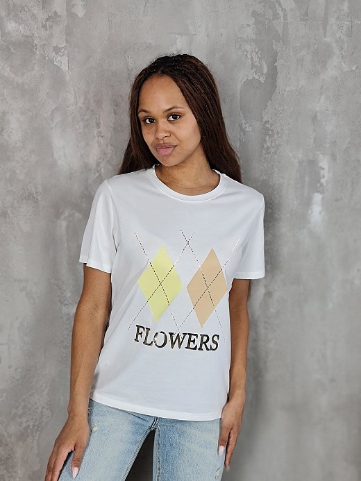 Футболка Y Two с принтом ромбы желтыми и бежевый белая