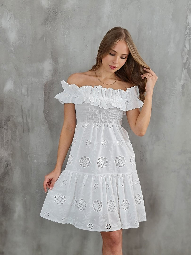 Платье MIHO'S мини ажурное с оборками белое , фотография №1