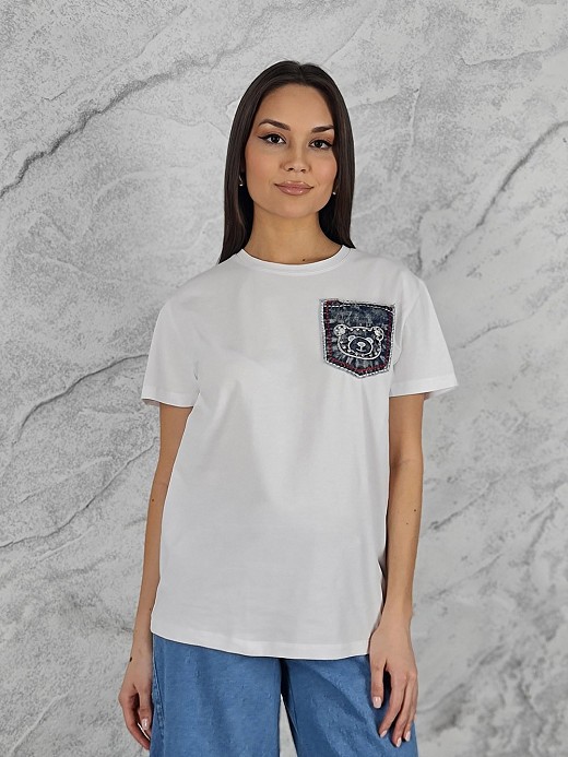 Футболка Miss Kiss с мишкой на кармашке белая