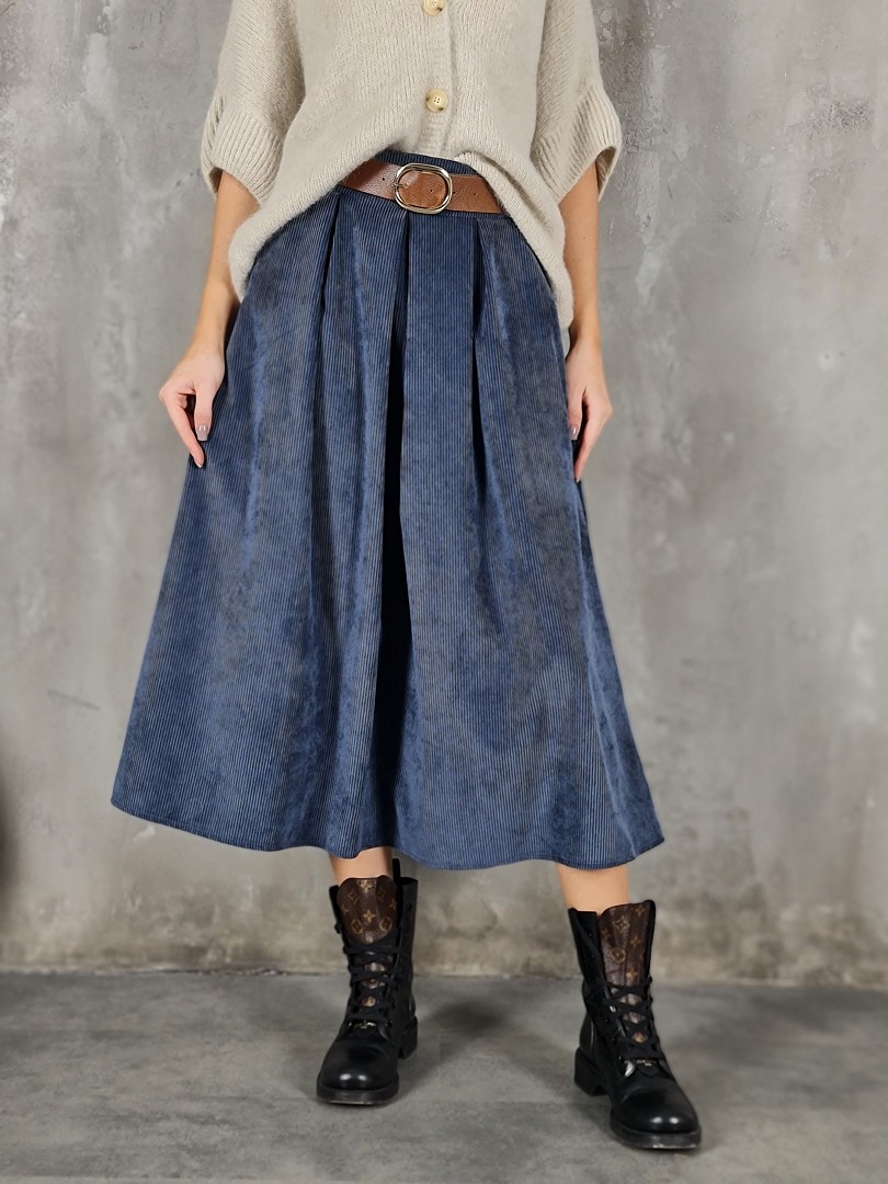 Юбка Firenze вельветовая миди с поясом синяя, фотография №1