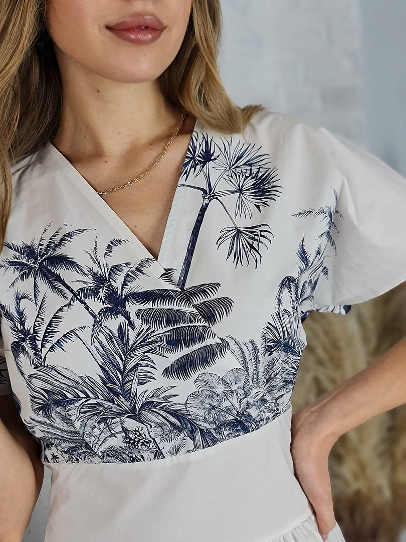 Платье CLOTHÉ с V-образным вырезом и принтом "Тропики" молочное, фотография №4