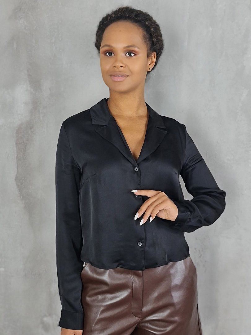 Рубашка Please укороченная атласная чёрная, фотография №2