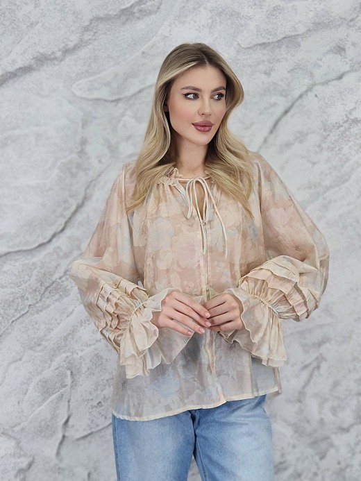 Блузка MIHO'S с рюшами пастельный принт бежевая