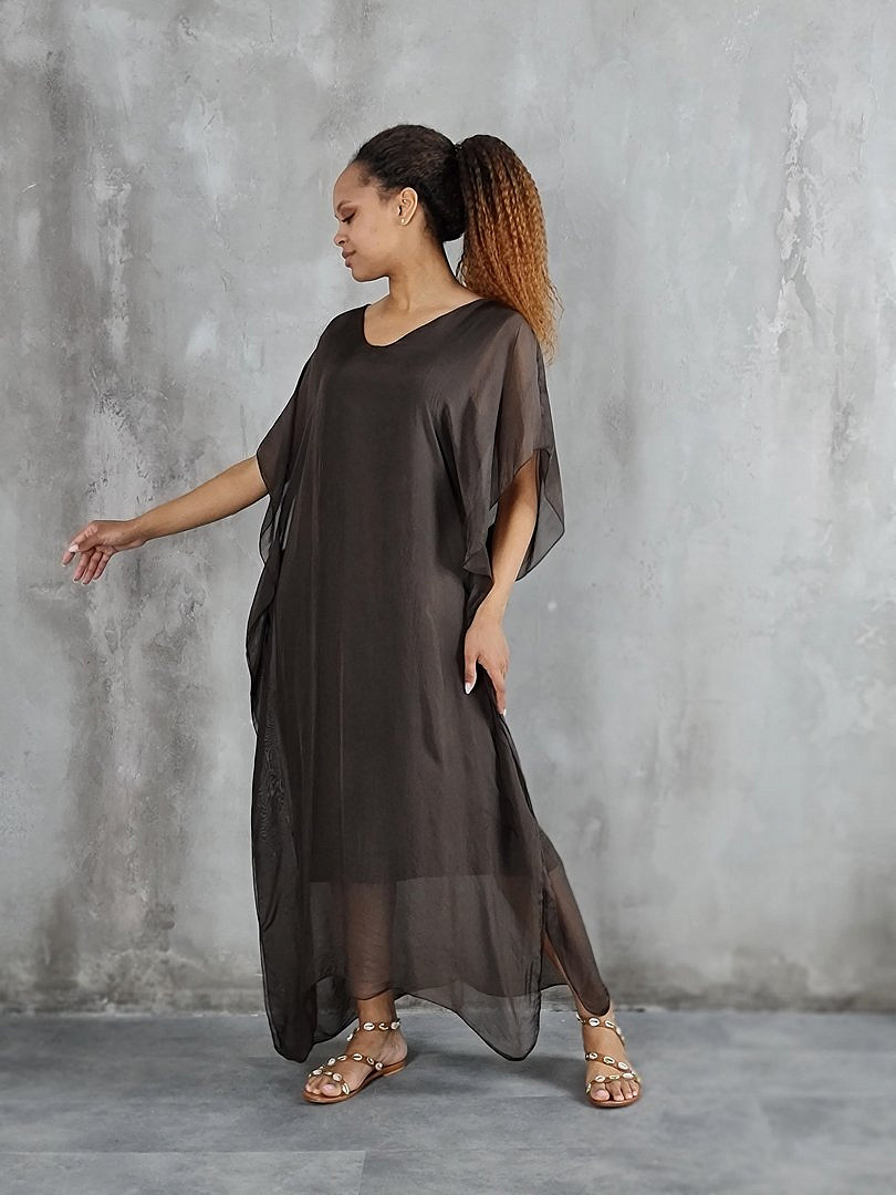 Платье Pure Seta макси шёлковое с ассиметричным подолом хаки (шоколад), фотография №1