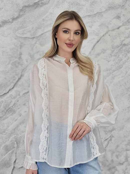 Блузка MIHO'S воротник стойка вертикальные  кружева белая