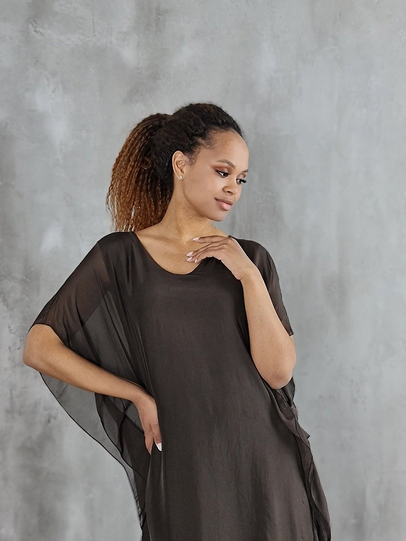 Платье Pure Seta макси шёлковое с ассиметричным подолом хаки (шоколад), фотография №5