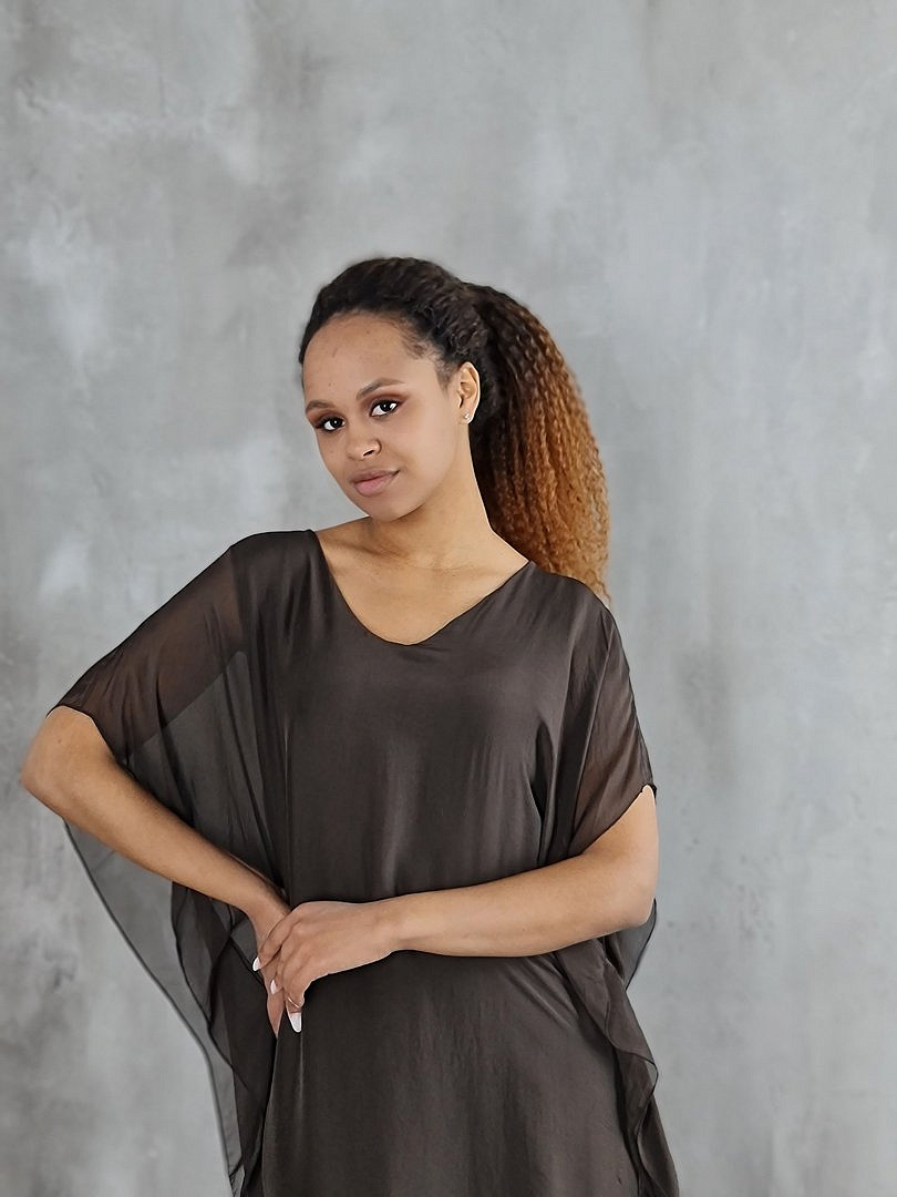 Платье Pure Seta макси шёлковое с ассиметричным подолом хаки (шоколад), фотография №4