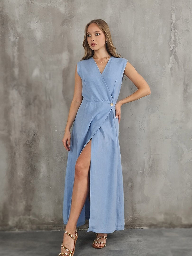 Платье CLOTHÉ льяняное c V-образным вырезом голубое, фотография №1