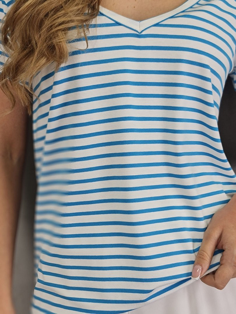 Футболка Vicolo с V-образным вырезом в полоску белая/ярко-голубая, фотография №5