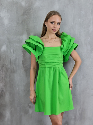 Платье Lumina с объёмными волонами и складками зелёное