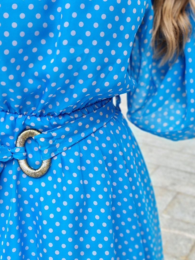 Платье Joleen в горошек с поясом голубое, фотография №4