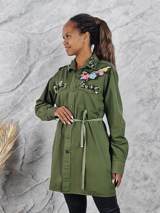 Платье-рубашка Have One с вышивкой "Цветы" хаки 