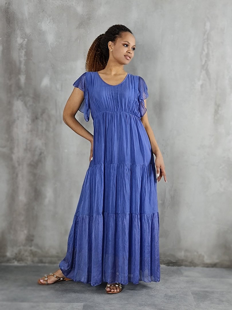 Платье Pura Seta макси с V-образным вырезом синее, фотография №1