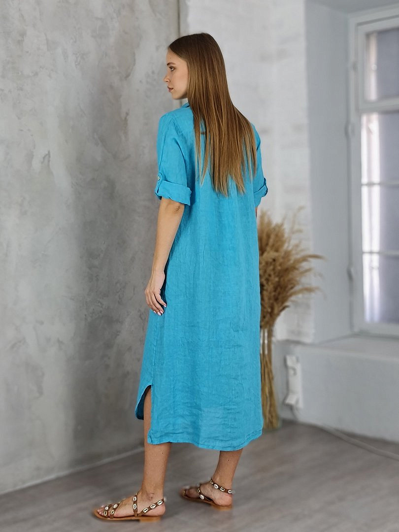Платье-рубашка Pure Linen льняное бирюзовое, фотография №2